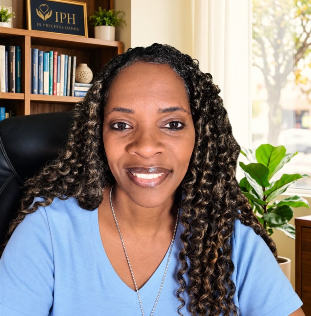 Precious Hoover, BSN, RN, founder of In Precious Hands, smiling in her office